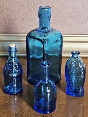 Four Cobalt Blue Glass Bottles - Vintage Style Decorative Set